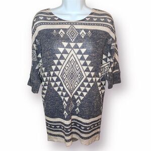 Charming Charlie Navy Blue Beige Dolman Sweater Knit Tunic Top Southwestern S